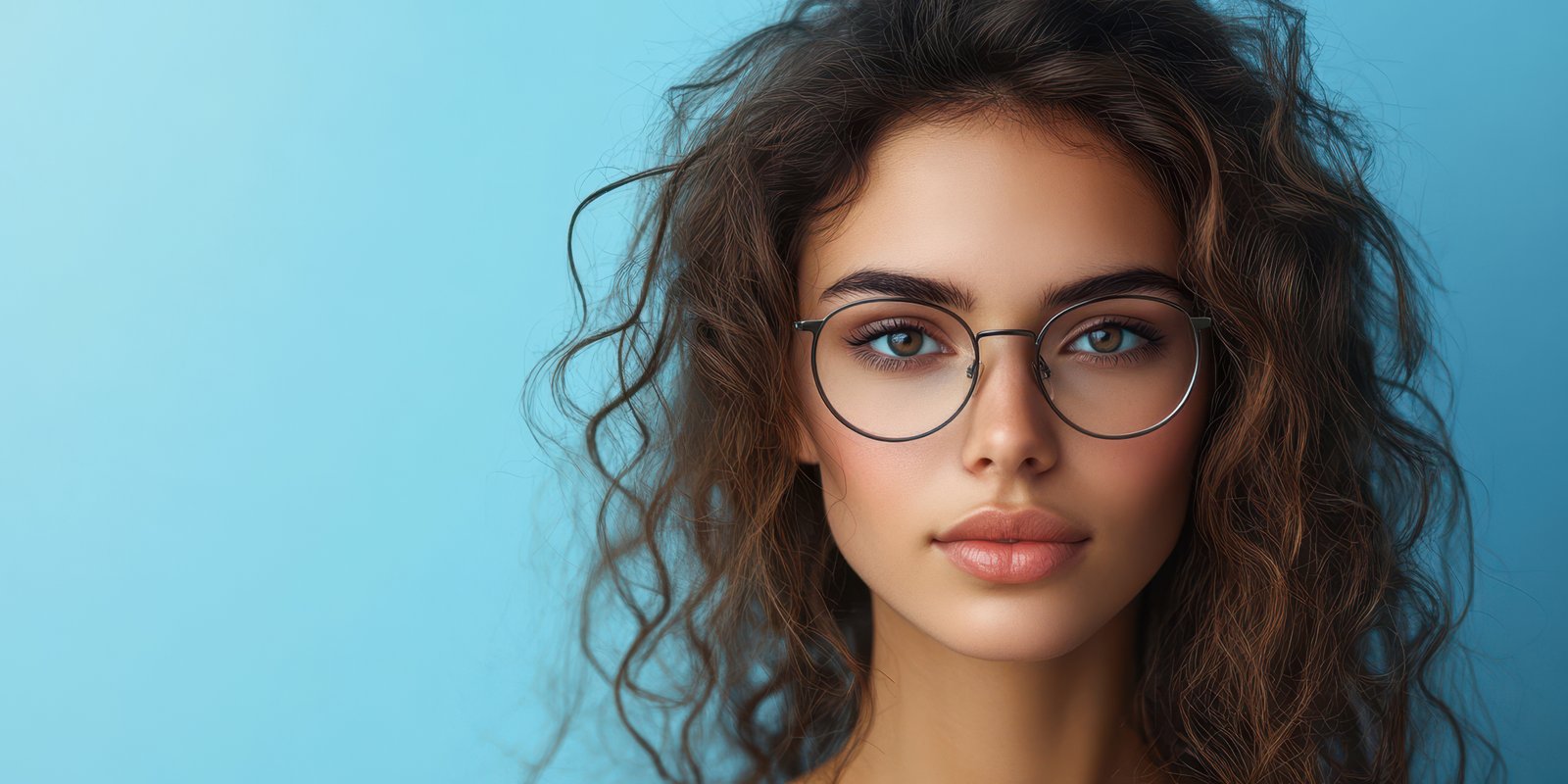 Young woman with curly hair and glasses poses against a blue background showcasing her striking features in a casual setting